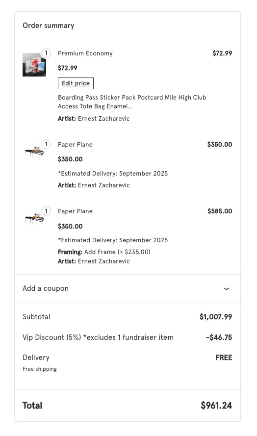 Order summary with a VIP discount, framing add-on and free shipping