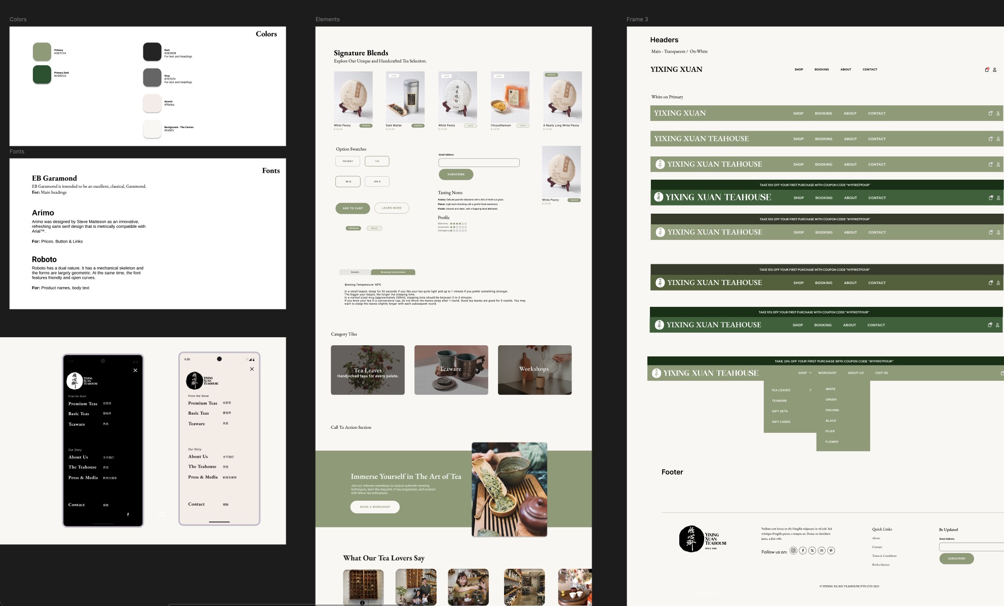 Colors, fonts, page elements and header variations