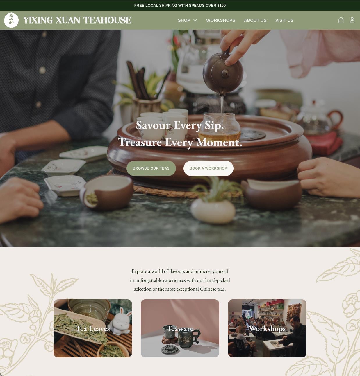 Yixing Xuan Teahouse homepage, with tea being poured