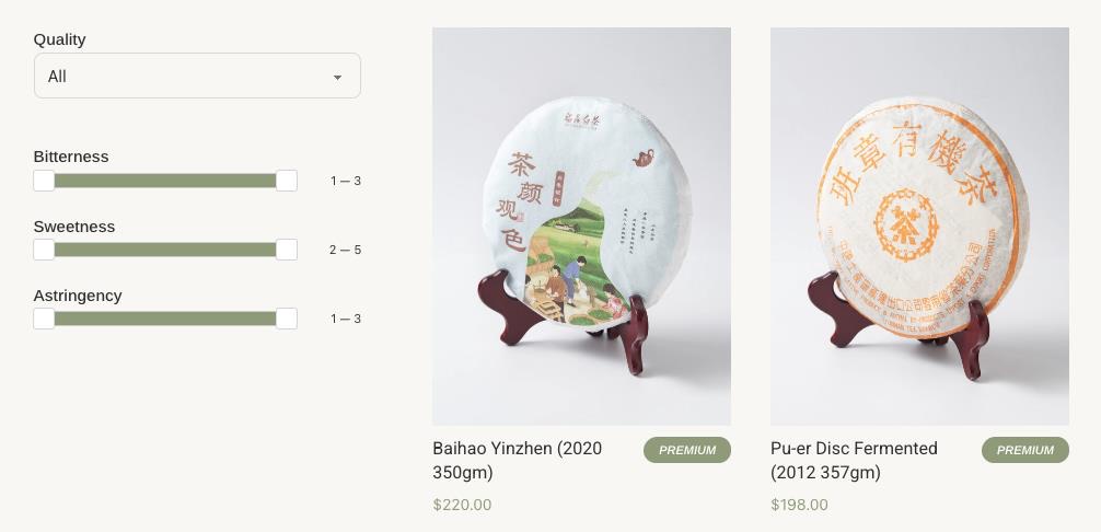 Tea listing filtered by bitterness, sweetness and astringency