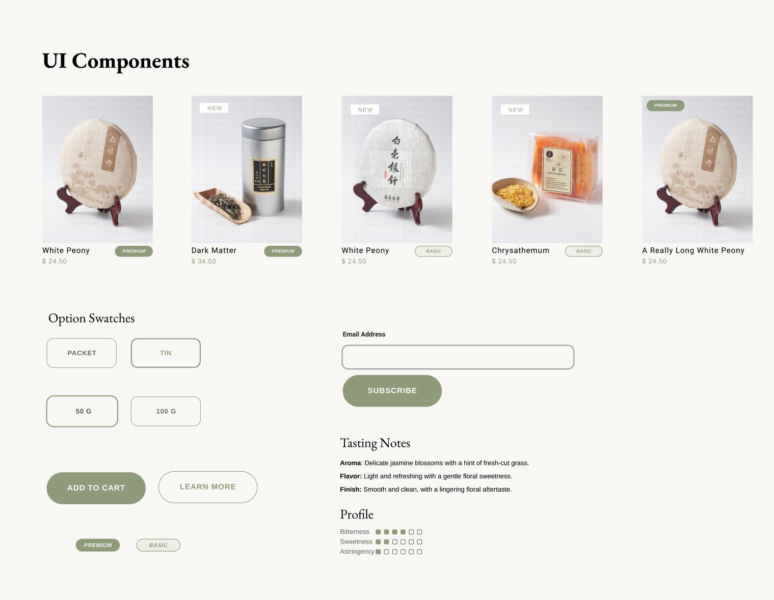 Product cards, option swatches and buttons